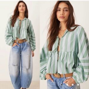 Free People Brunch Babe Blouse Boho Green Stripe M